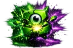 Glowing neon crystal bursting into radiant light particles on dark background for BCGame bonus offer card